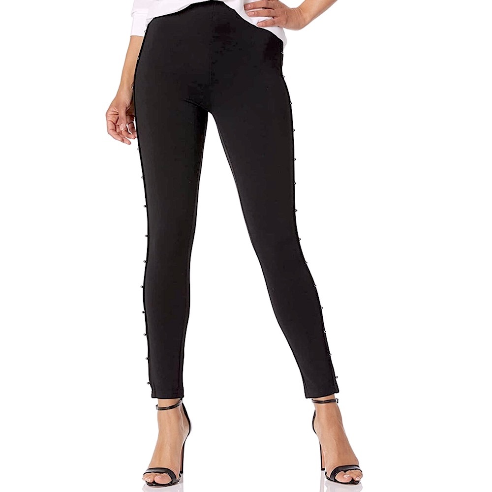 KENSIE Black Compression High Waist Stretch Ponte Side Bead Detail Leggings